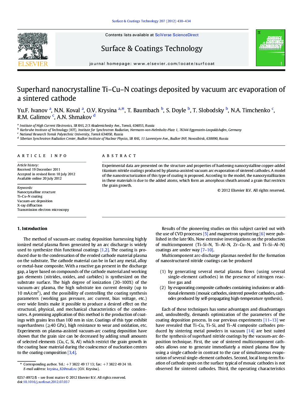 Superhard nanocrystalline Ti-Cu-N coatings deposited by vacuum arc evaporation of a sintered cathode