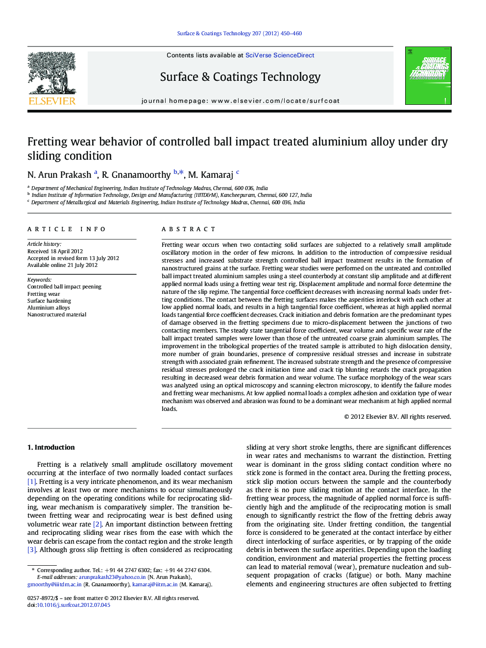 Fretting wear behavior of controlled ball impact treated aluminium alloy under dry sliding condition