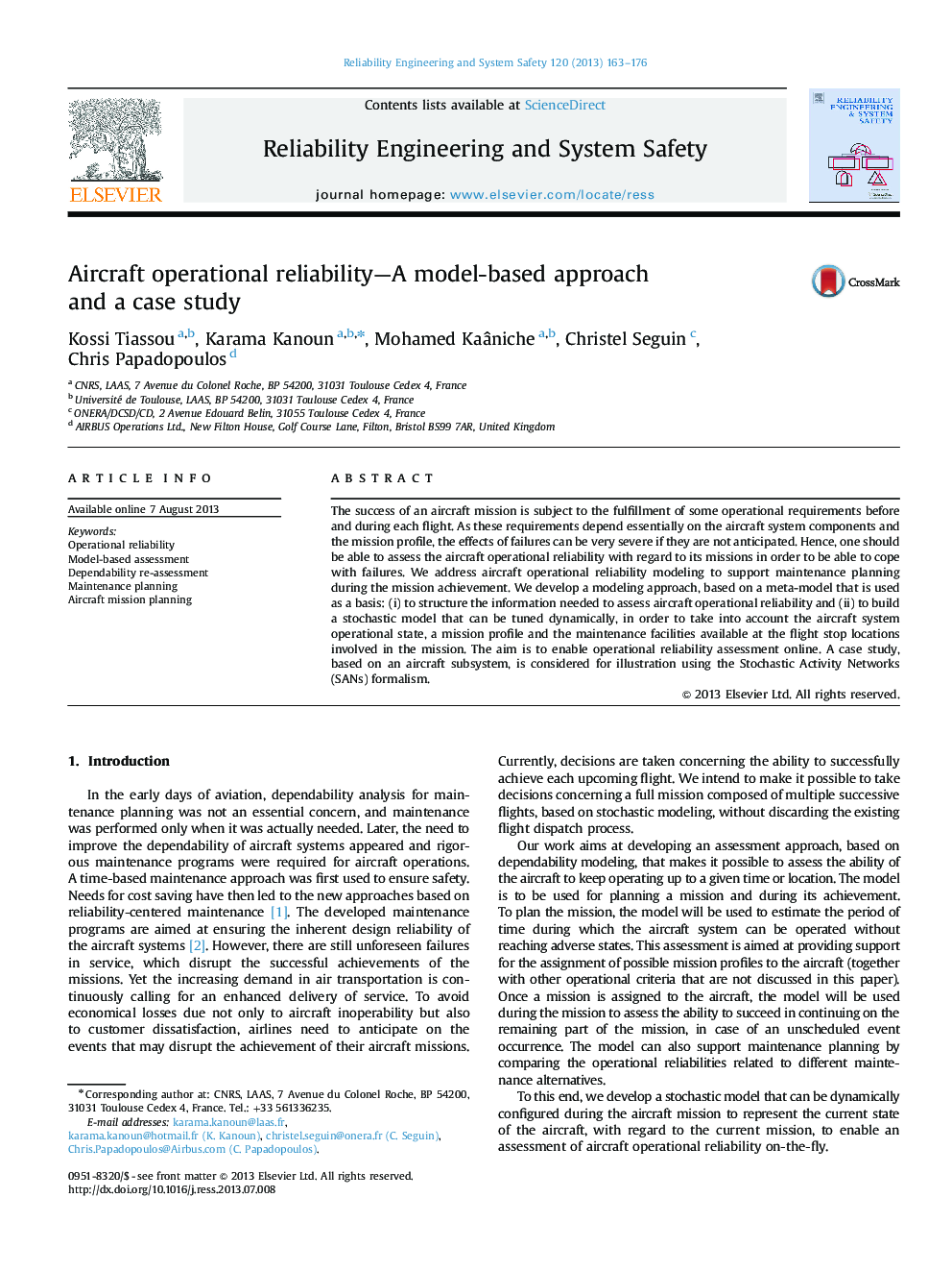 Aircraft operational reliability—A model-based approach and a case study