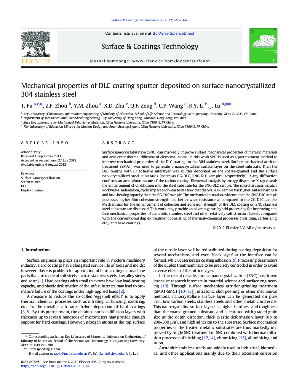 Mechanical properties of DLC coating sputter deposited on surface nanocrystallized 304 stainless steel