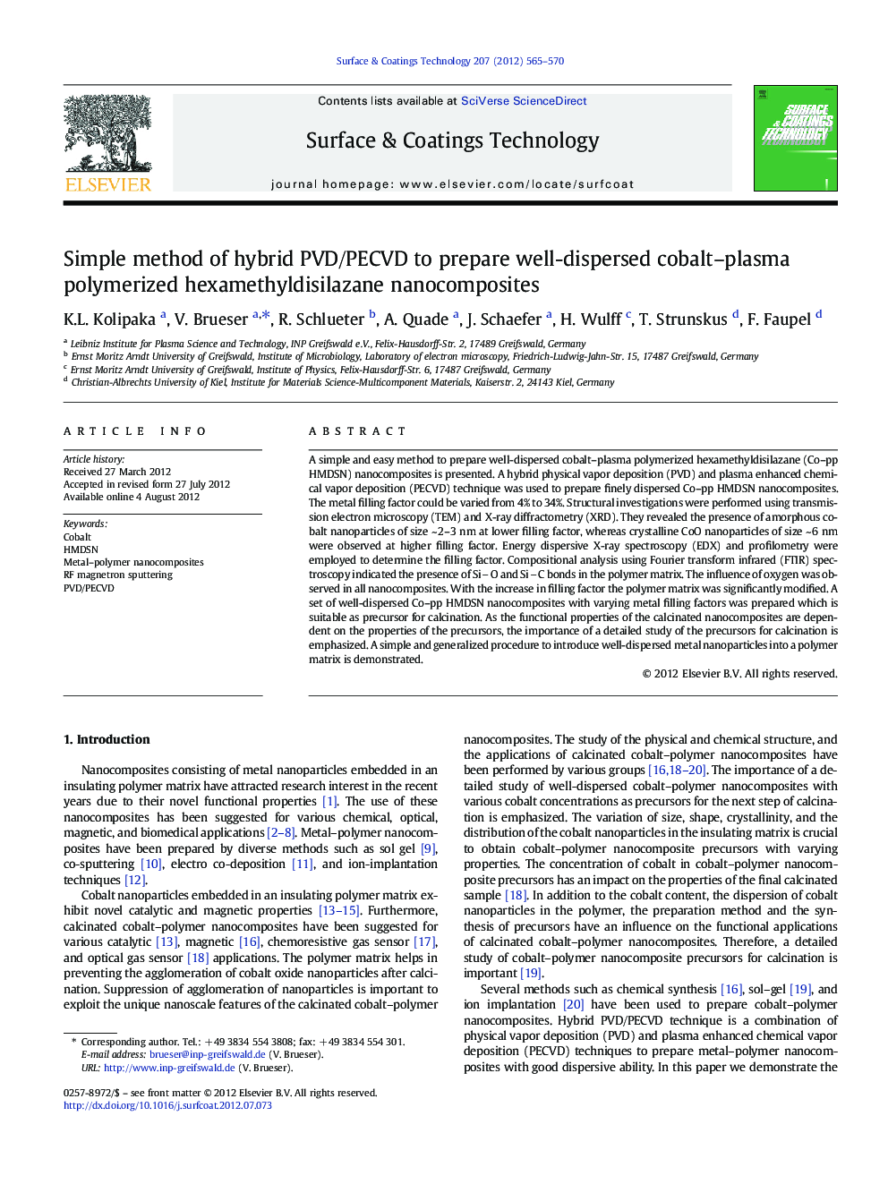 Simple method of hybrid PVD/PECVD to prepare well-dispersed cobalt-plasma polymerized hexamethyldisilazane nanocomposites