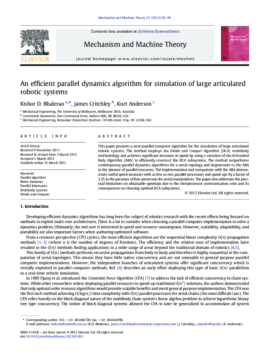 An efficient parallel dynamics algorithm for simulation of large articulated robotic systems