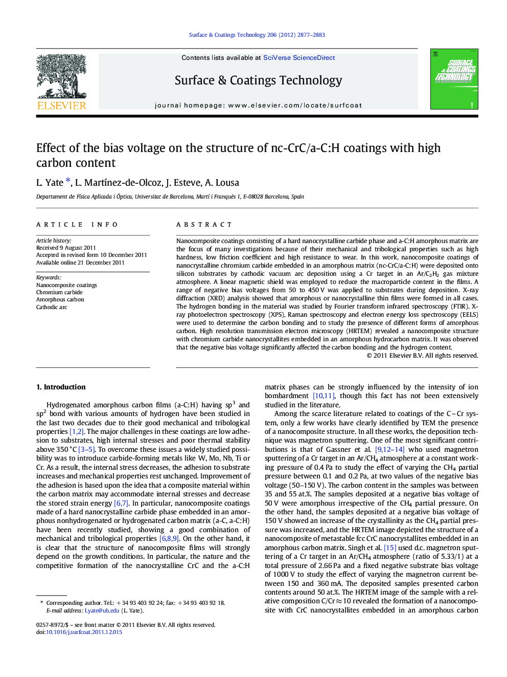 Effect of the bias voltage on the structure of nc-CrC/a-C:H coatings with high carbon content
