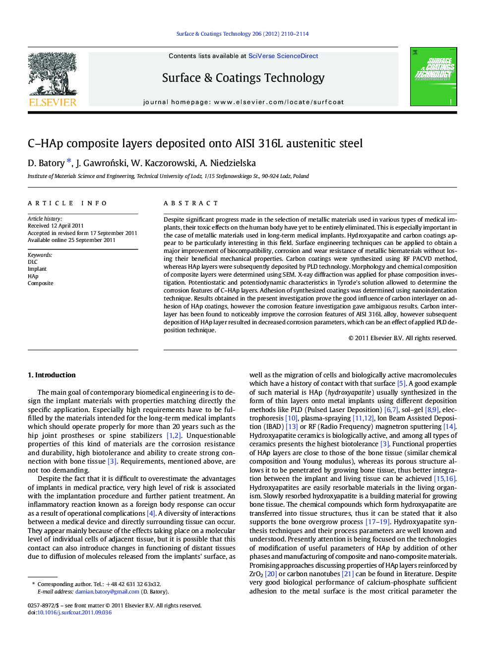 C-HAp composite layers deposited onto AISI 316L austenitic steel