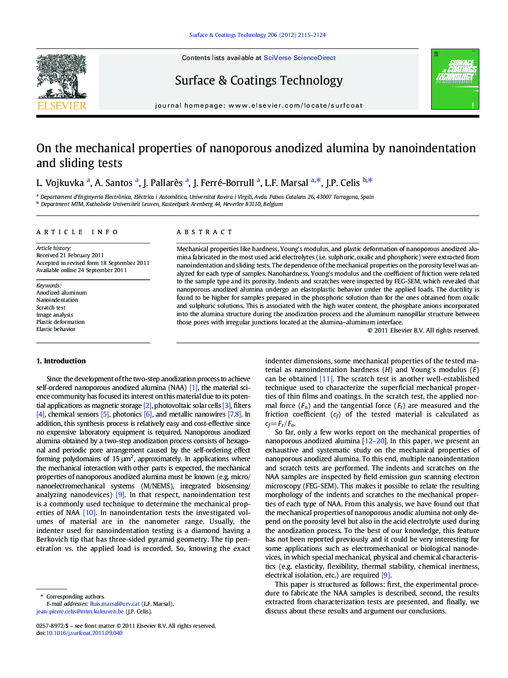 On the mechanical properties of nanoporous anodized alumina by nanoindentation and sliding tests