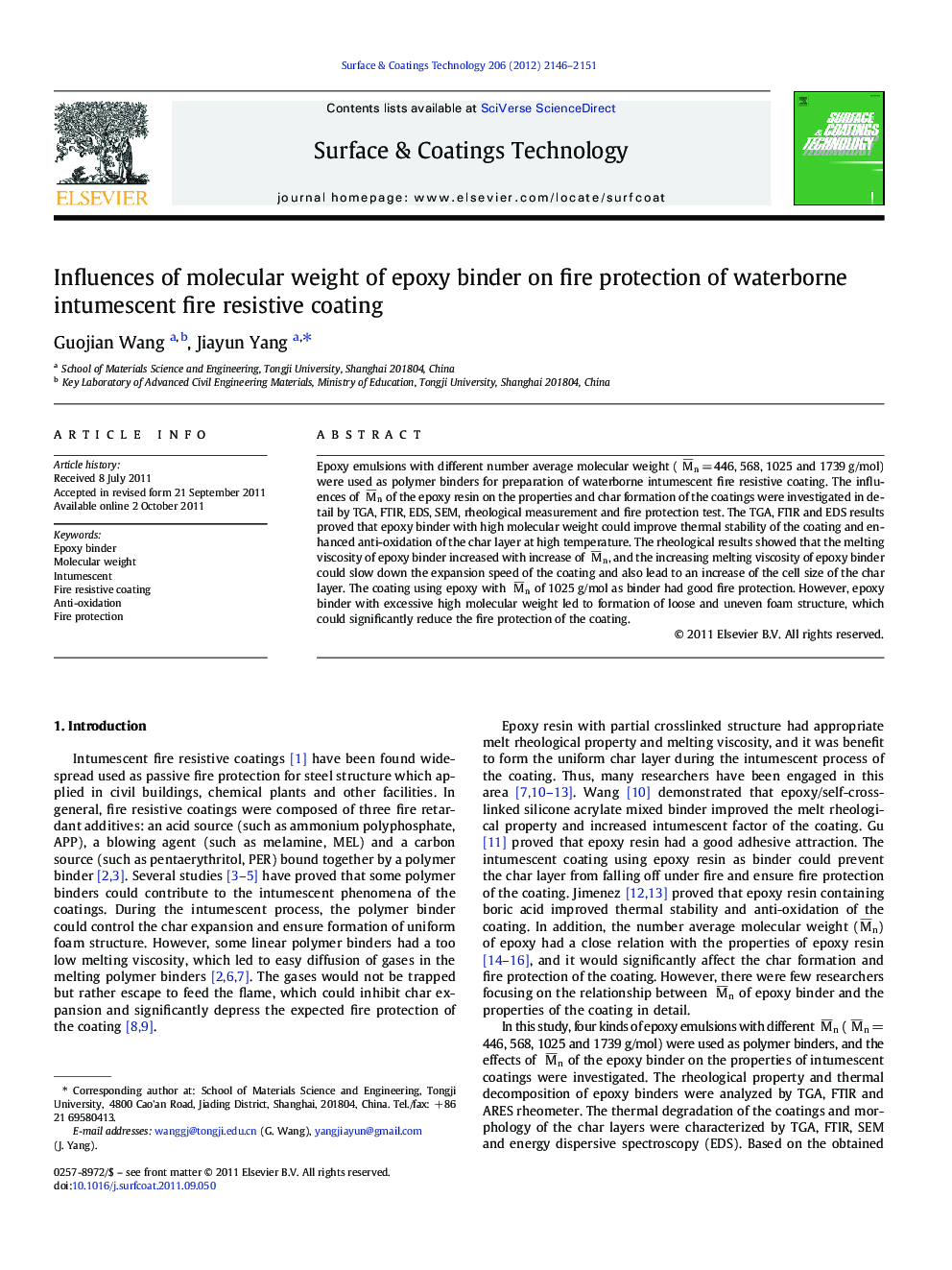 Influences of molecular weight of epoxy binder on fire protection of waterborne intumescent fire resistive coating