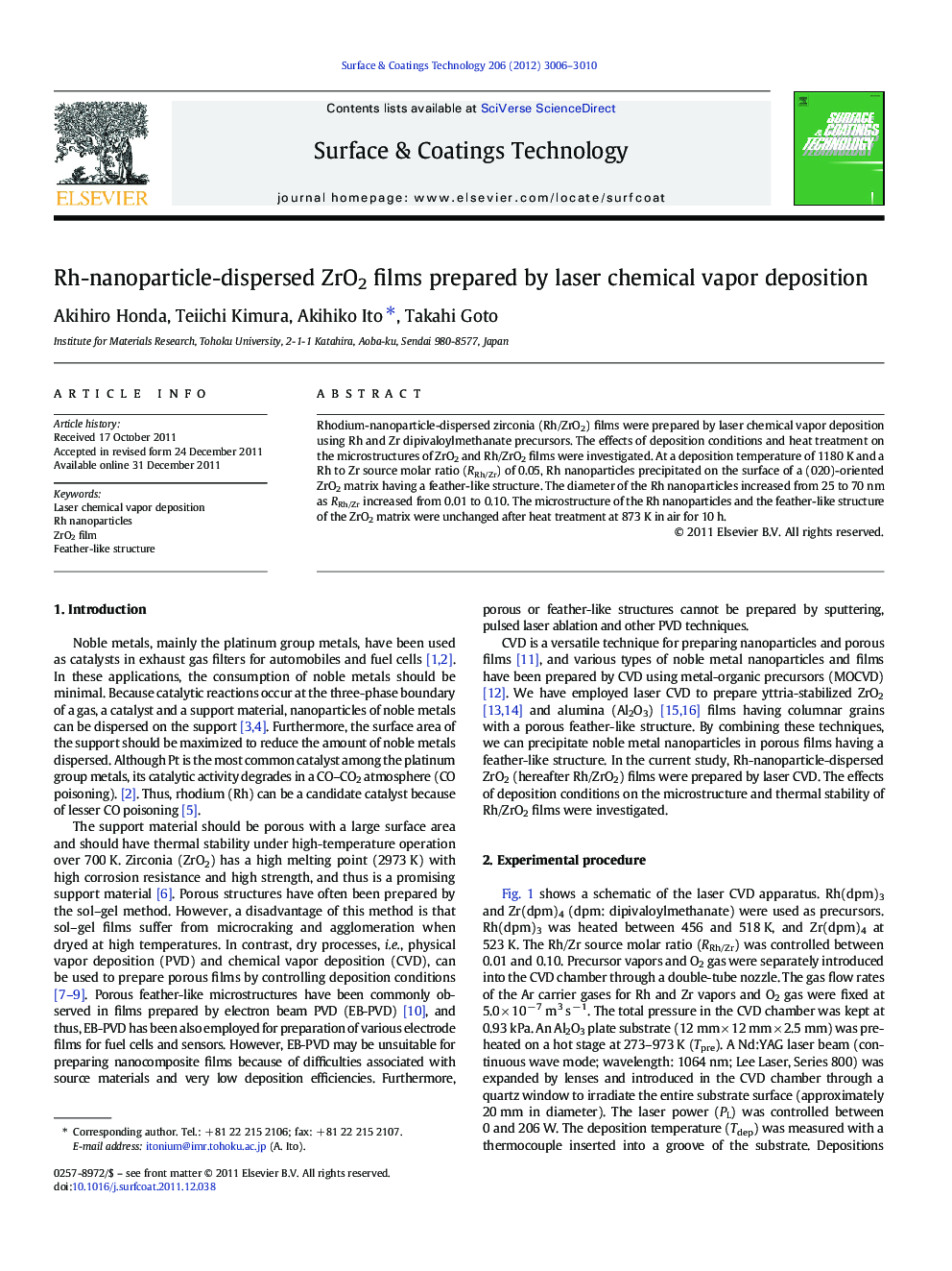 Rh-nanoparticle-dispersed ZrO2 films prepared by laser chemical vapor deposition