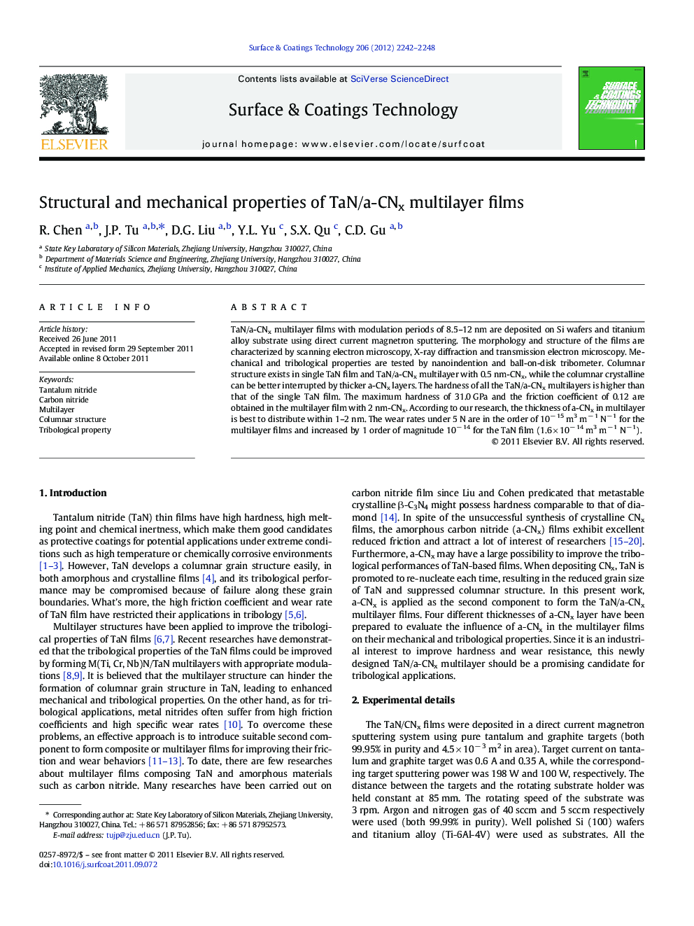 Structural and mechanical properties of TaN/a-CNx multilayer films