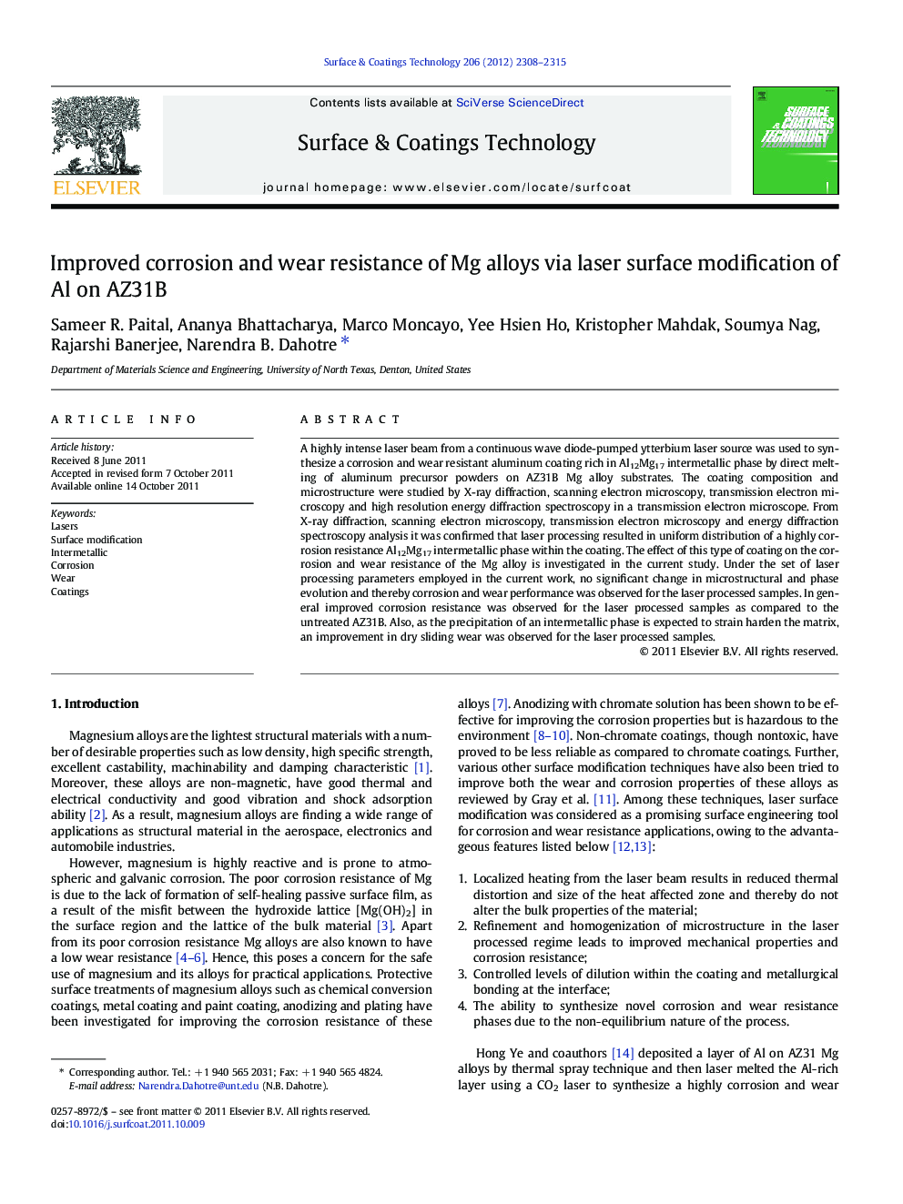 Improved corrosion and wear resistance of Mg alloys via laser surface modification of Al on AZ31B