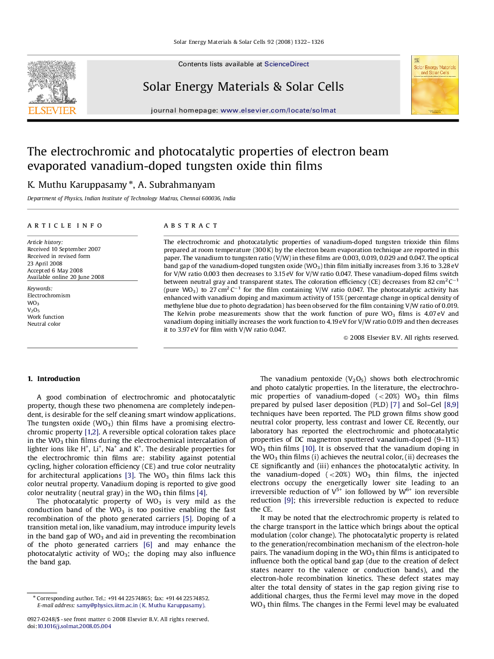 The electrochromic and photocatalytic properties of electron beam evaporated vanadium-doped tungsten oxide thin films