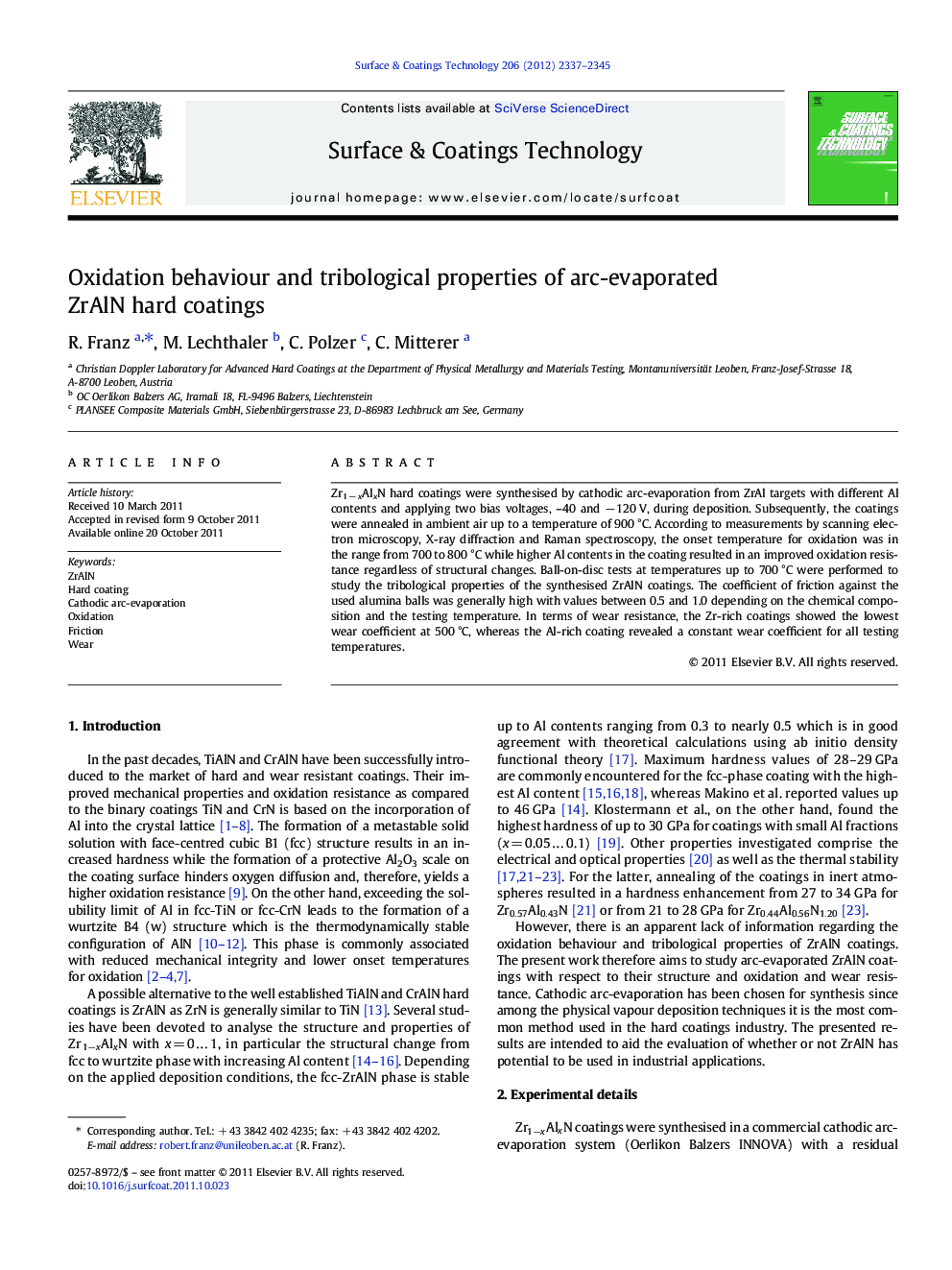 Oxidation behaviour and tribological properties of arc-evaporated ZrAlN hard coatings