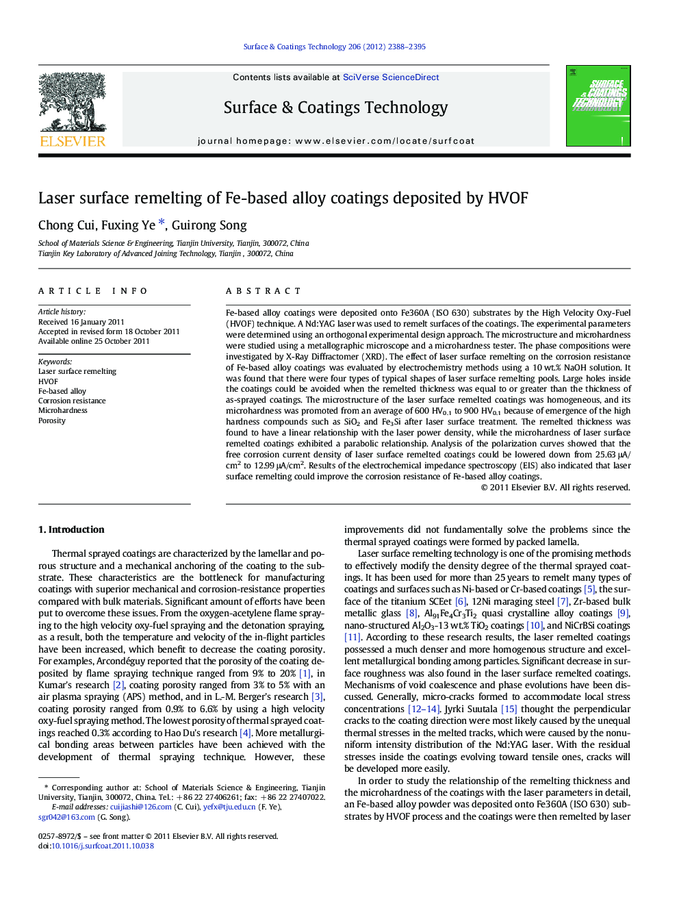 Laser surface remelting of Fe-based alloy coatings deposited by HVOF