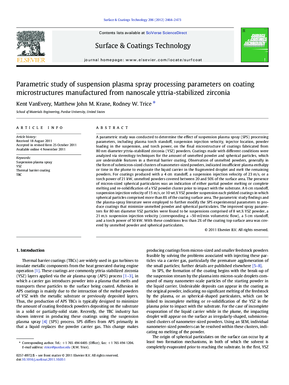 Parametric study of suspension plasma spray processing parameters on coating microstructures manufactured from nanoscale yttria-stabilized zirconia