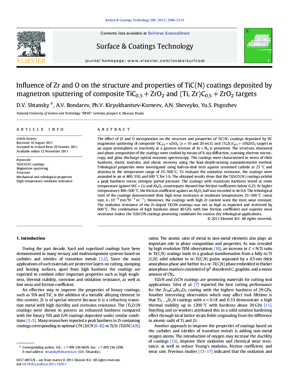 Influence of Zr and O on the structure and properties of TiC(N) coatings deposited by magnetron sputtering of composite TiC0.5Â +Â ZrO2 and (Ti, Zr)C0.5Â +Â ZrO2 targets