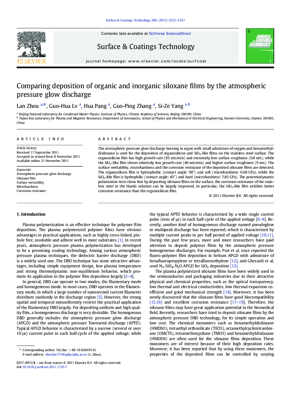 Comparing deposition of organic and inorganic siloxane films by the atmospheric pressure glow discharge