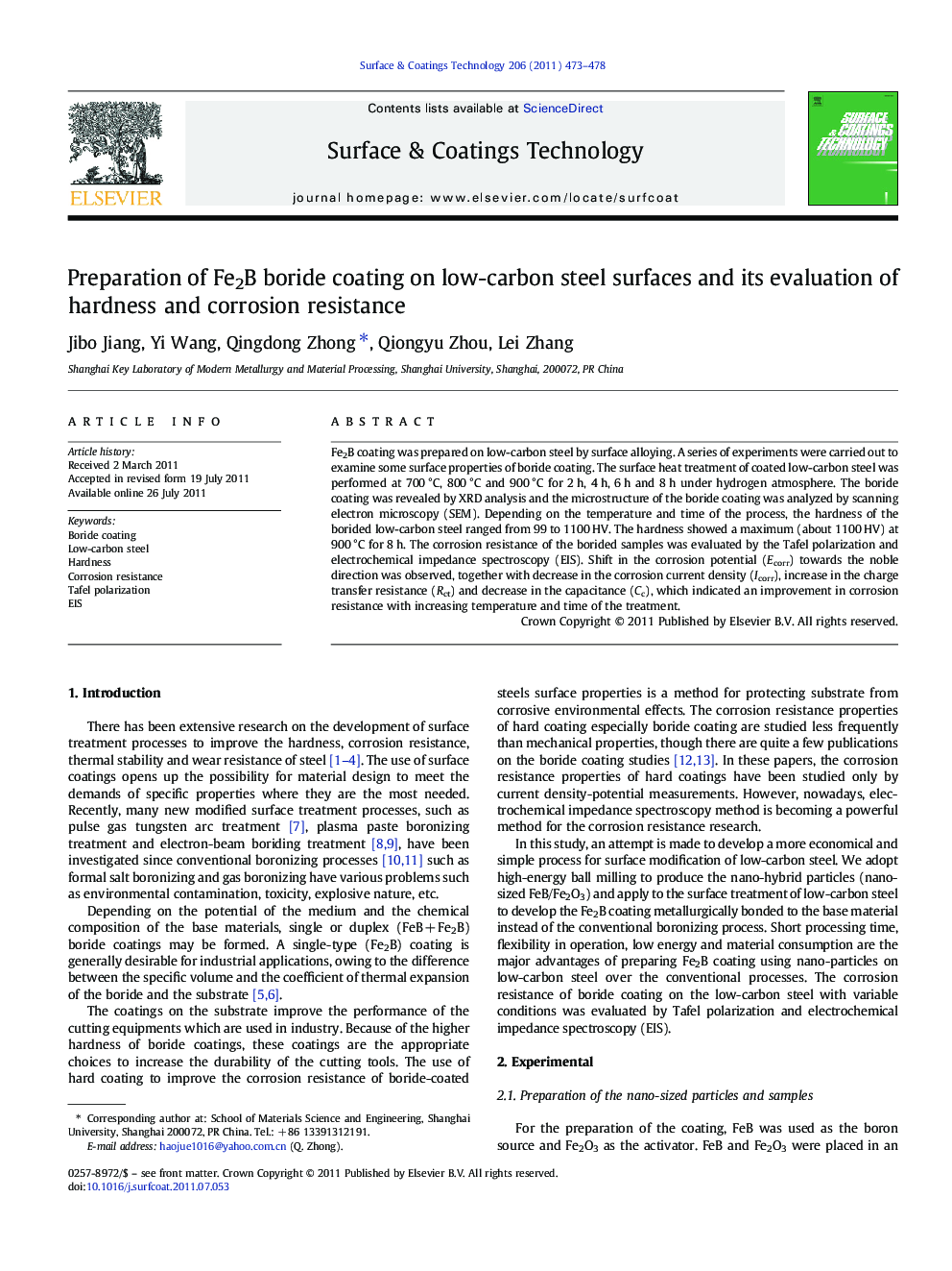 Preparation of Fe2B boride coating on low-carbon steel surfaces and its evaluation of hardness and corrosion resistance