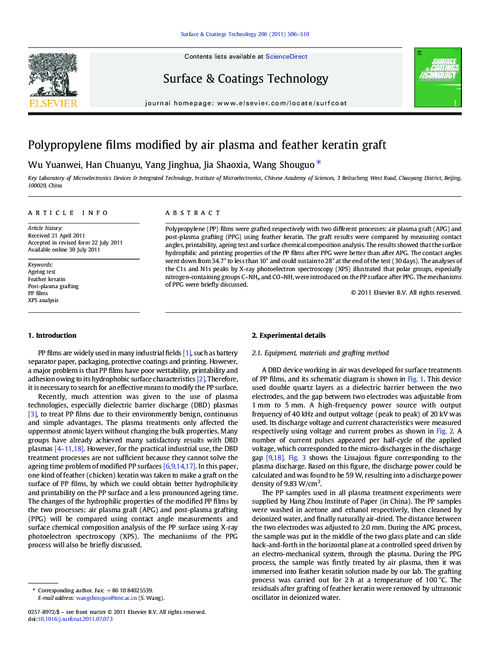 Polypropylene films modified by air plasma and feather keratin graft