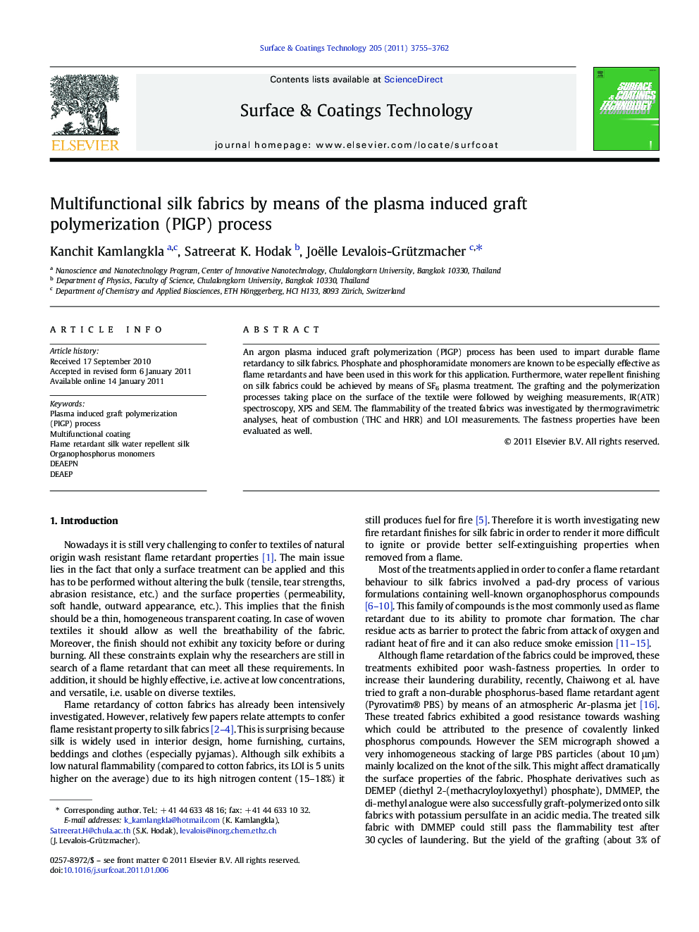 Multifunctional silk fabrics by means of the plasma induced graft polymerization (PIGP) process