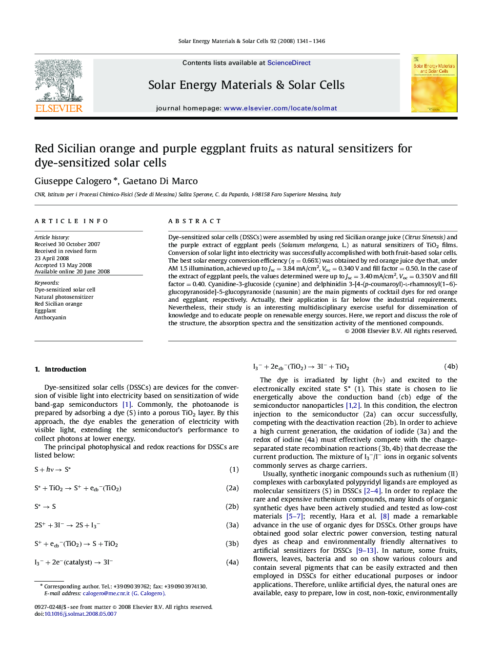 Red Sicilian orange and purple eggplant fruits as natural sensitizers for dye-sensitized solar cells