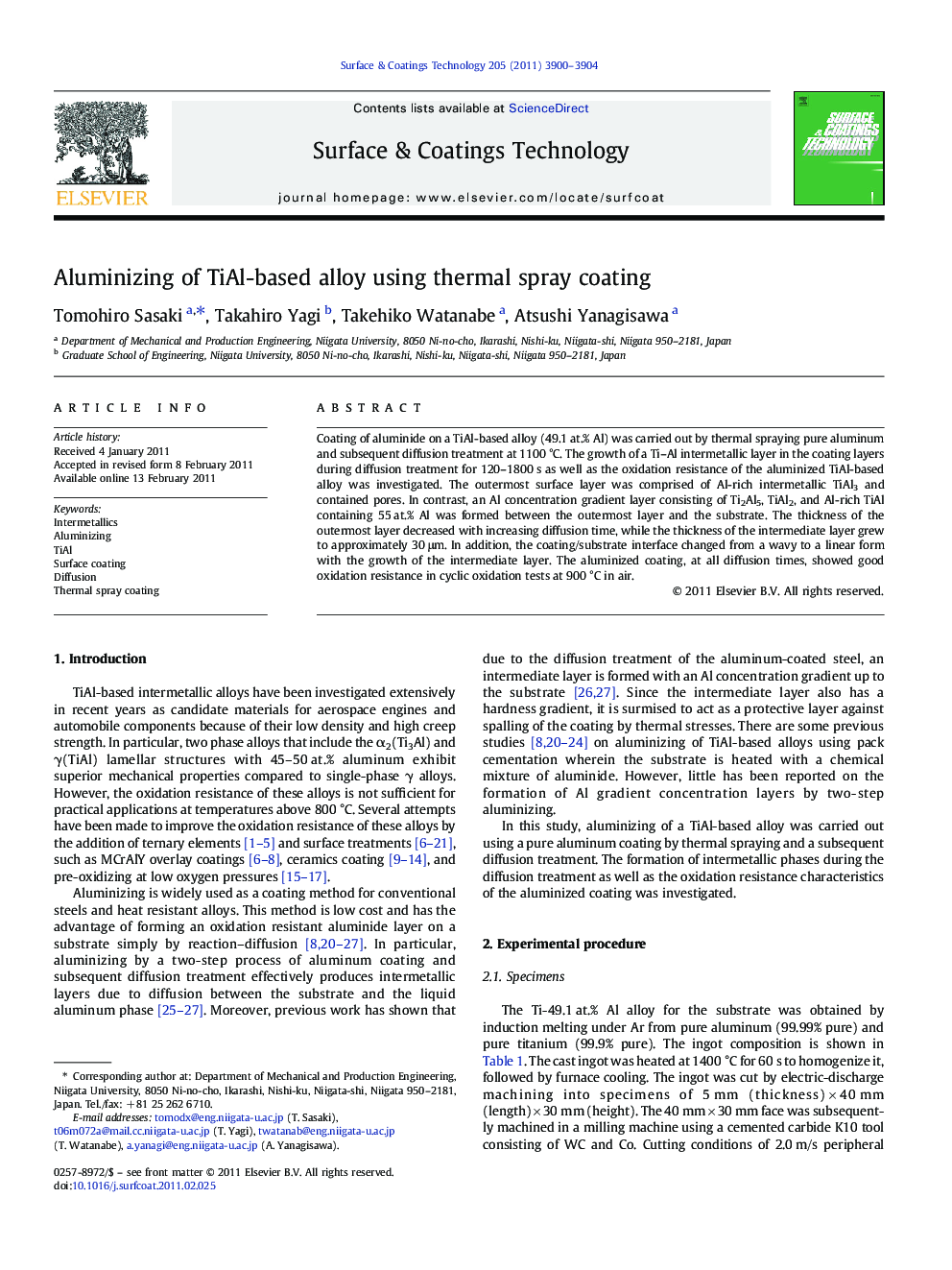 Aluminizing of TiAl-based alloy using thermal spray coating