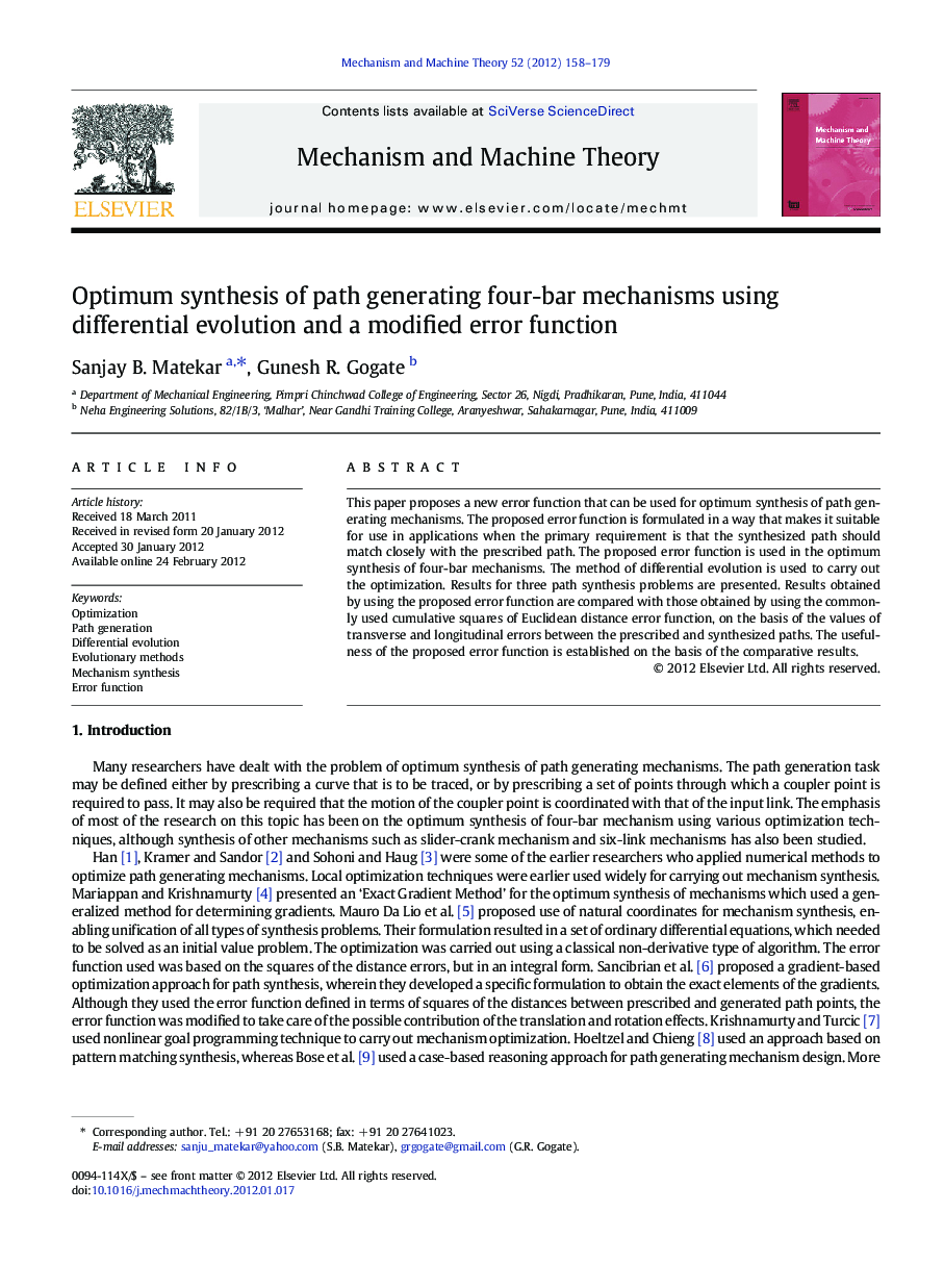 Optimum synthesis of path generating four-bar mechanisms using differential evolution and a modified error function