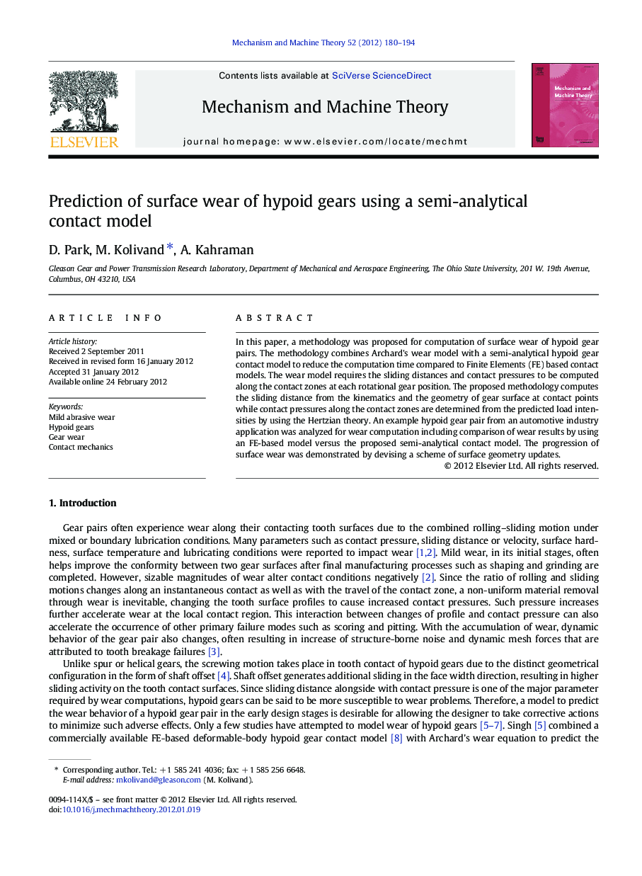 Prediction of surface wear of hypoid gears using a semi-analytical contact model