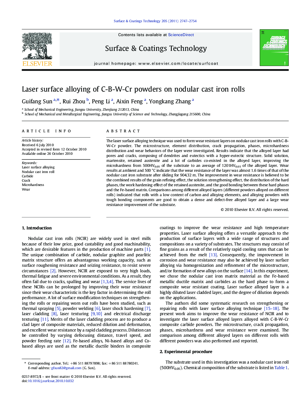 Laser surface alloying of C-B-W-Cr powders on nodular cast iron rolls