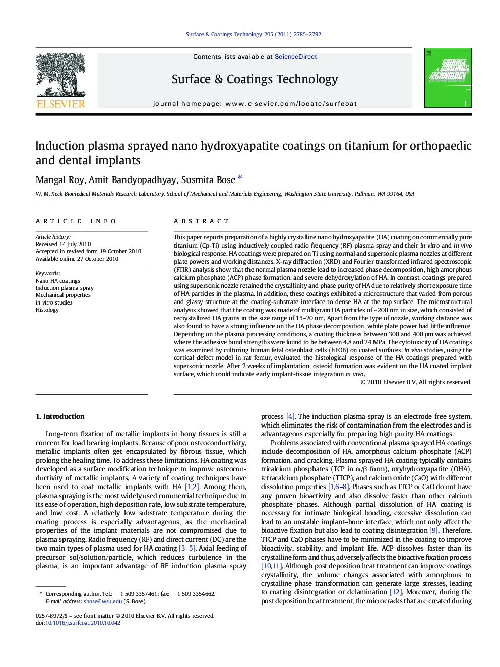 Induction plasma sprayed nano hydroxyapatite coatings on titanium for orthopaedic and dental implants