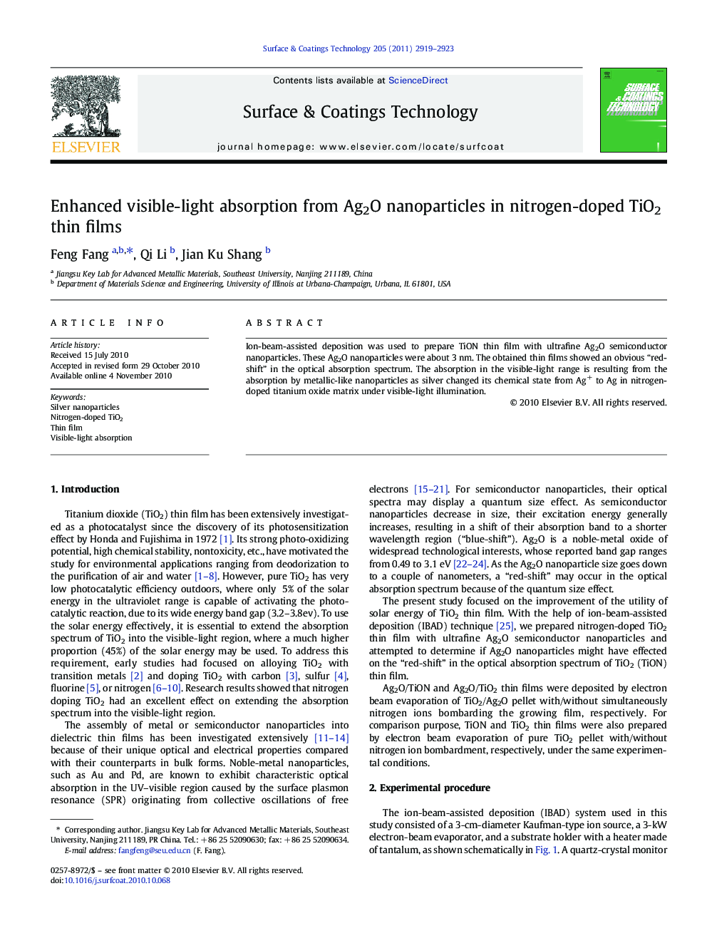 Enhanced visible-light absorption from Ag2O nanoparticles in nitrogen-doped TiO2 thin films