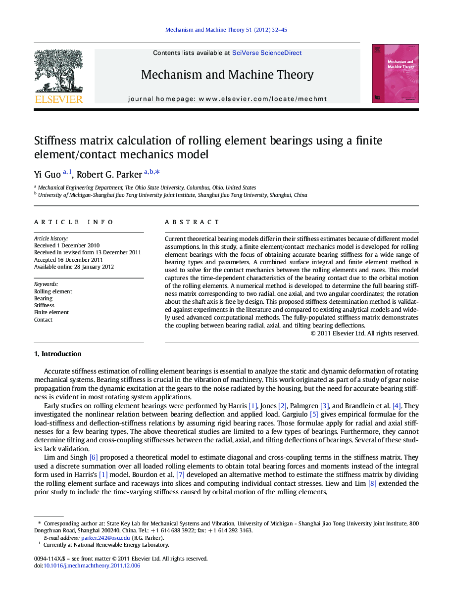 عکس صفحه اول مقاله: Stiffness matrix calculation of rolling element bearings using a finite element/contact mechanics model Stiffness matrix calculation of rolling element bearings using a finite element/contact mechanics model