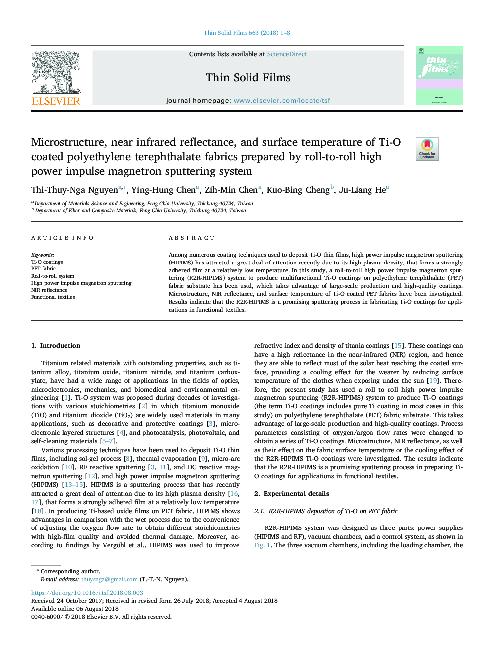 Microstructure, near infrared reflectance, and surface temperature of Ti-O coated polyethylene terephthalate fabrics prepared by roll-to-roll high power impulse magnetron sputtering system