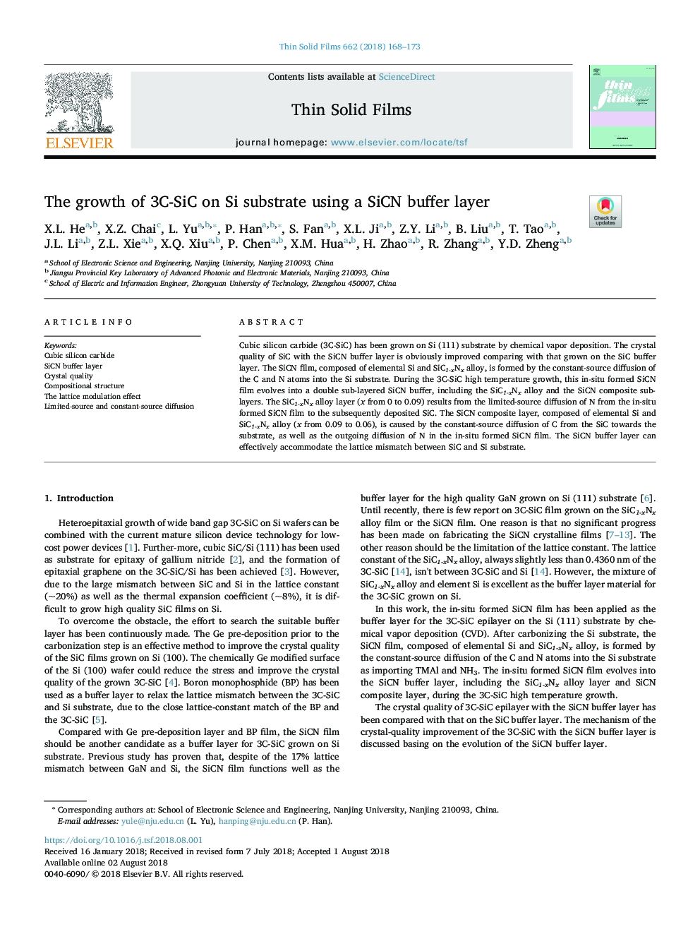 عکس صفحه اول مقاله: The growth of 3C-SiC on Si substrate using a SiCN buffer layer The growth of 3C-SiC on Si substrate using a SiCN buffer layer