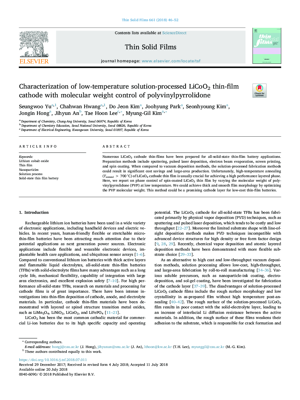 Characterization of low-temperature solution-processed LiCoO2 thin-film cathode with molecular weight control of polyvinylpyrrolidone