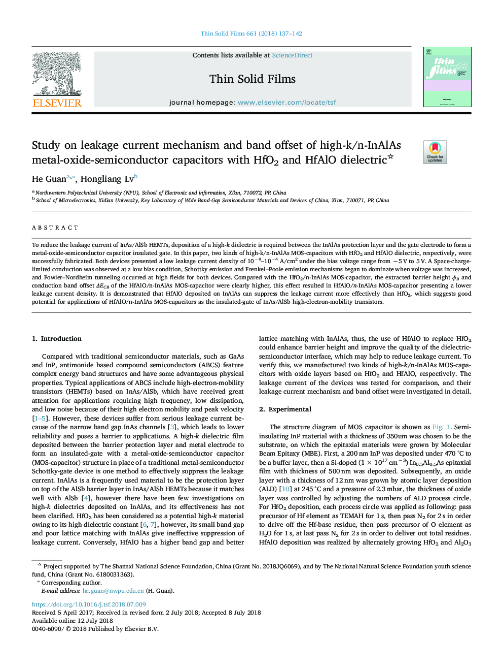 Study on leakage current mechanism and band offset of high-k/n-InAlAs metal-oxide-semiconductor capacitors with HfO2 and HfAlO dielectric