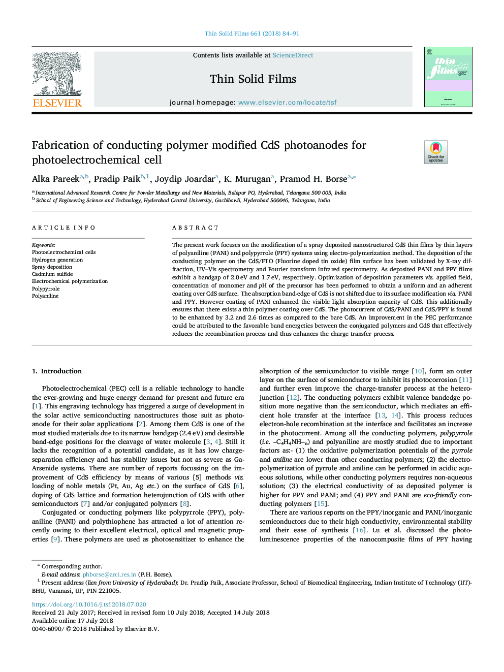 Fabrication of conducting polymer modified CdS photoanodes for photoelectrochemical cell