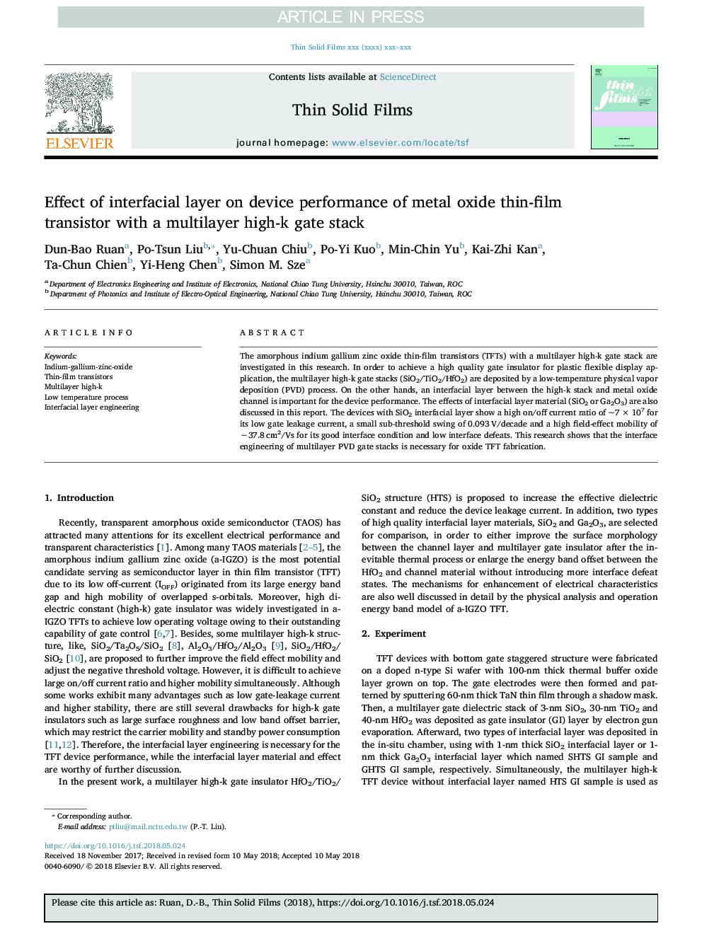 Effect of interfacial layer on device performance of metal oxide thin-film transistor with a multilayer high-k gate stack