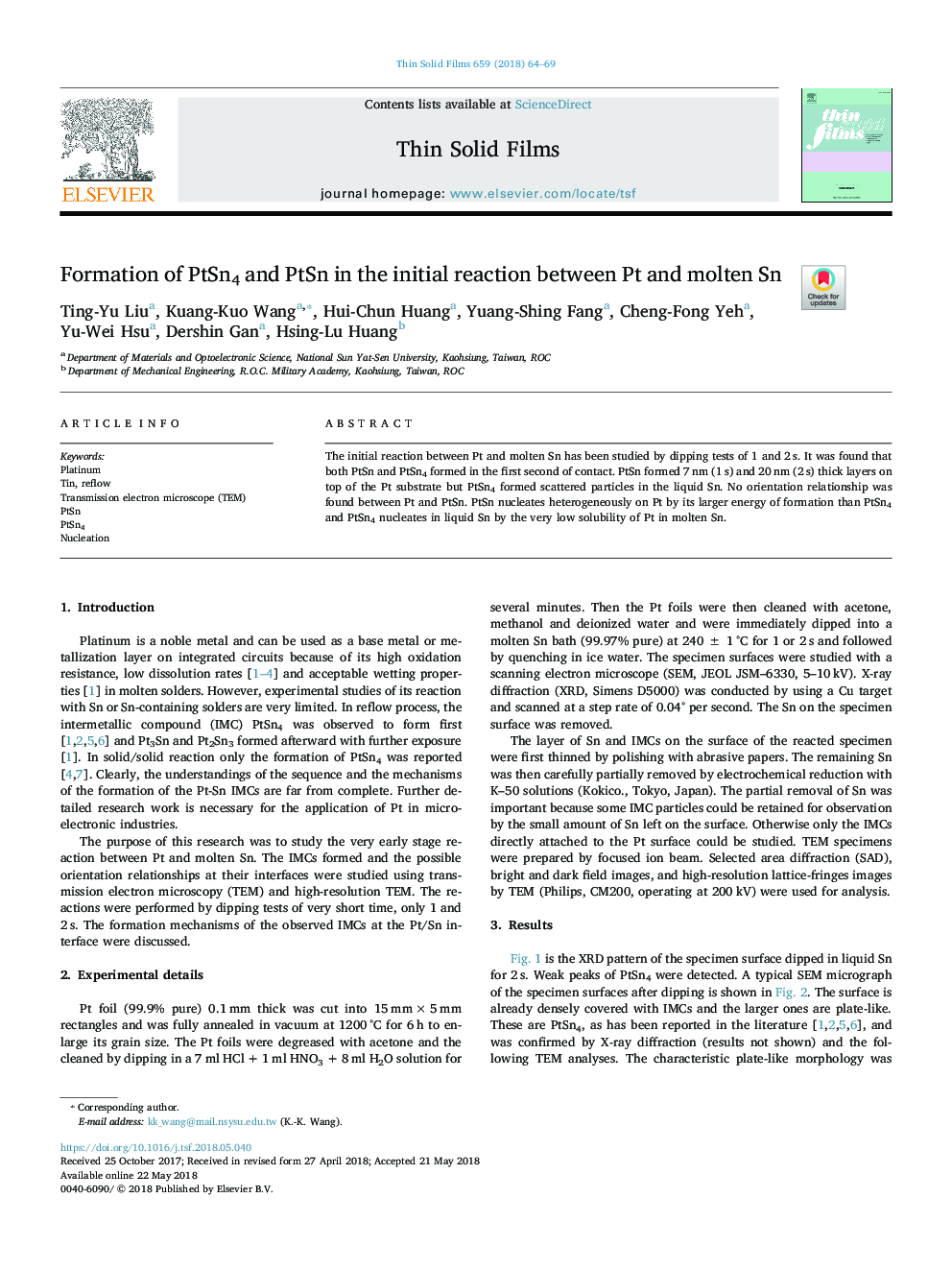 Formation of PtSn4 and PtSn in the initial reaction between Pt and molten Sn