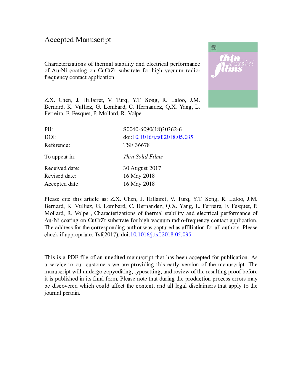 Characterizations of thermal stability and electrical performance of Au-Ni coating on CuCrZr substrate for high vacuum radio-frequency contact application