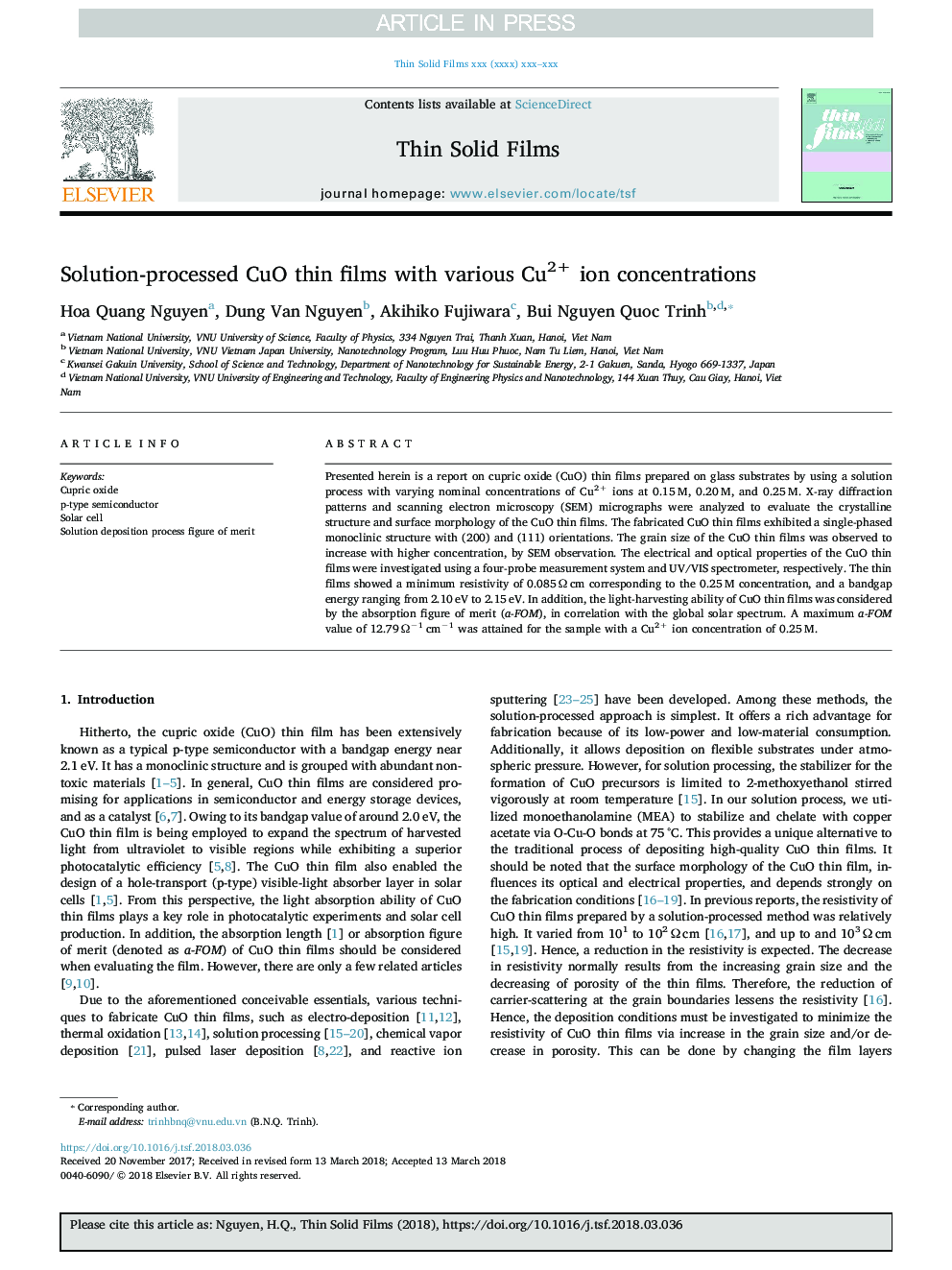 Solution-processed CuO thin films with various Cu2+ ion concentrations