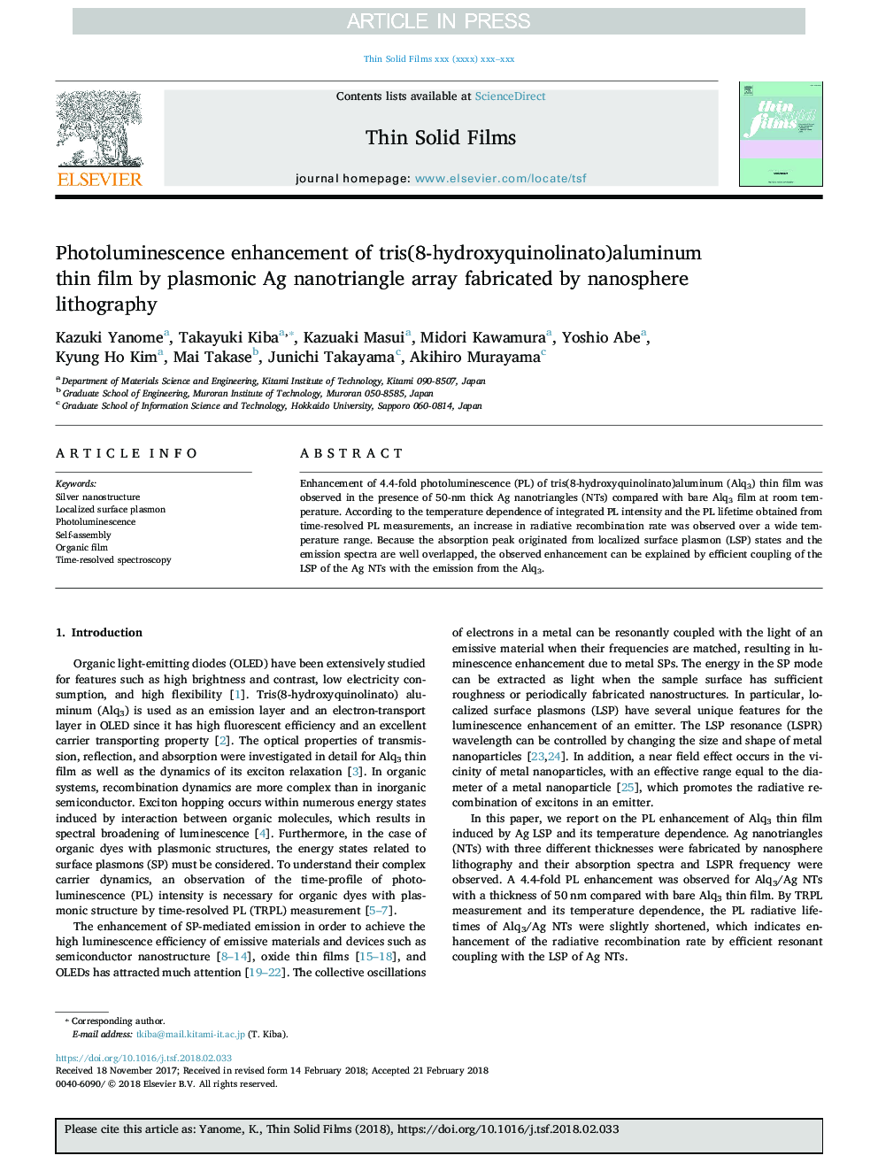 Photoluminescence enhancement of tris(8-hydroxyquinolinato)aluminum thin film by plasmonic Ag nanotriangle array fabricated by nanosphere lithography