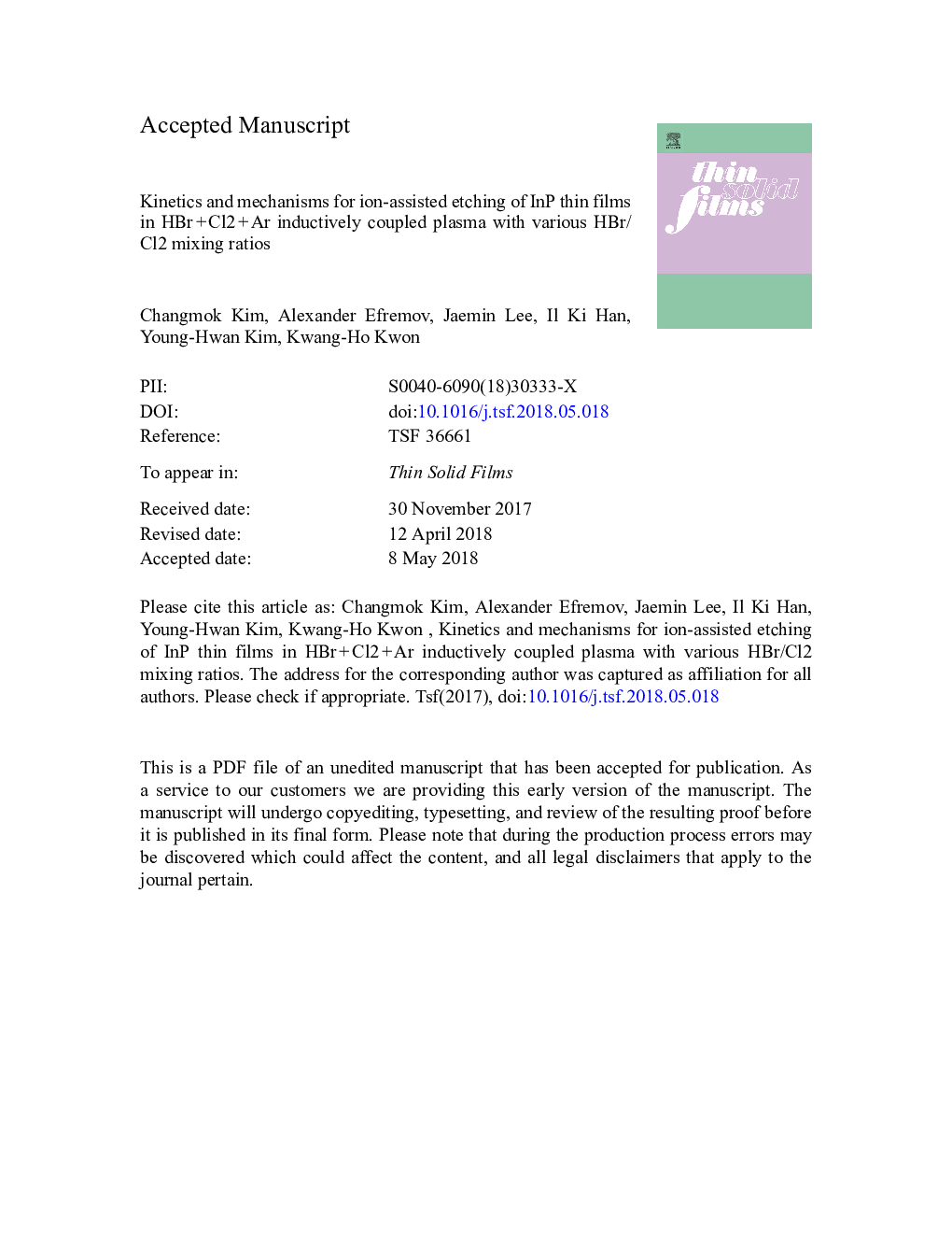 Kinetics and mechanisms for ion-assisted etching of InP thin films in HBrâ¯+â¯Cl2â¯+â¯Ar inductively coupled plasma with various HBr/Cl2 mixing ratios