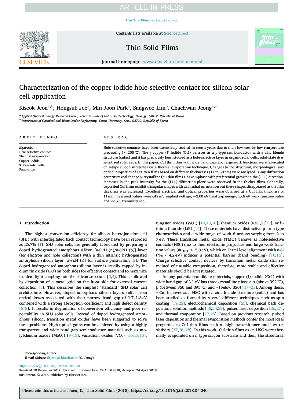 Characterization of the copper iodide hole-selective contact for silicon solar cell application