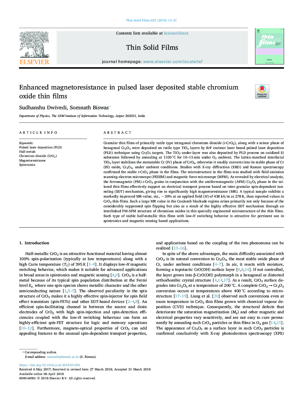 Enhanced magnetoresistance in pulsed laser deposited stable chromium oxide thin films