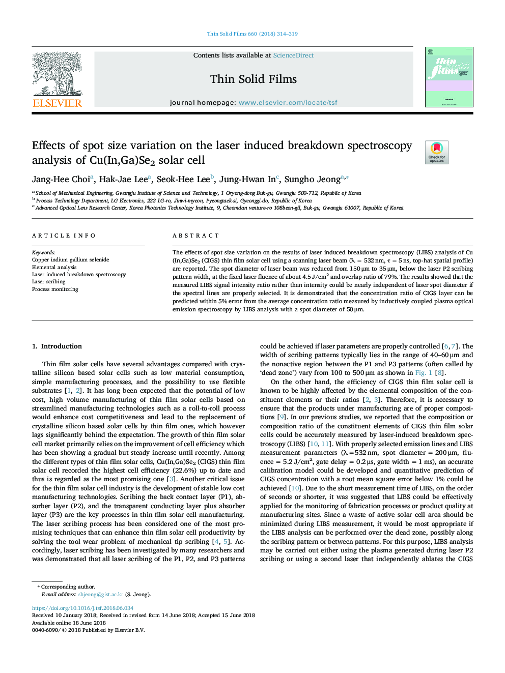 Effects of spot size variation on the laser induced breakdown spectroscopy analysis of Cu(In,Ga)Se2 solar cell