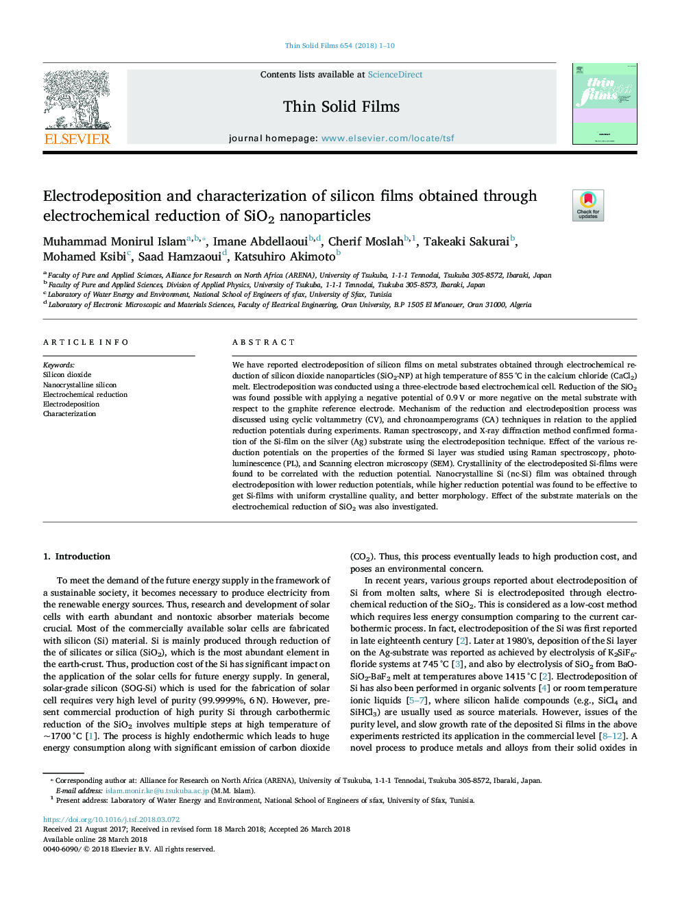 Electrodeposition and characterization of silicon films obtained through electrochemical reduction of SiO2 nanoparticles