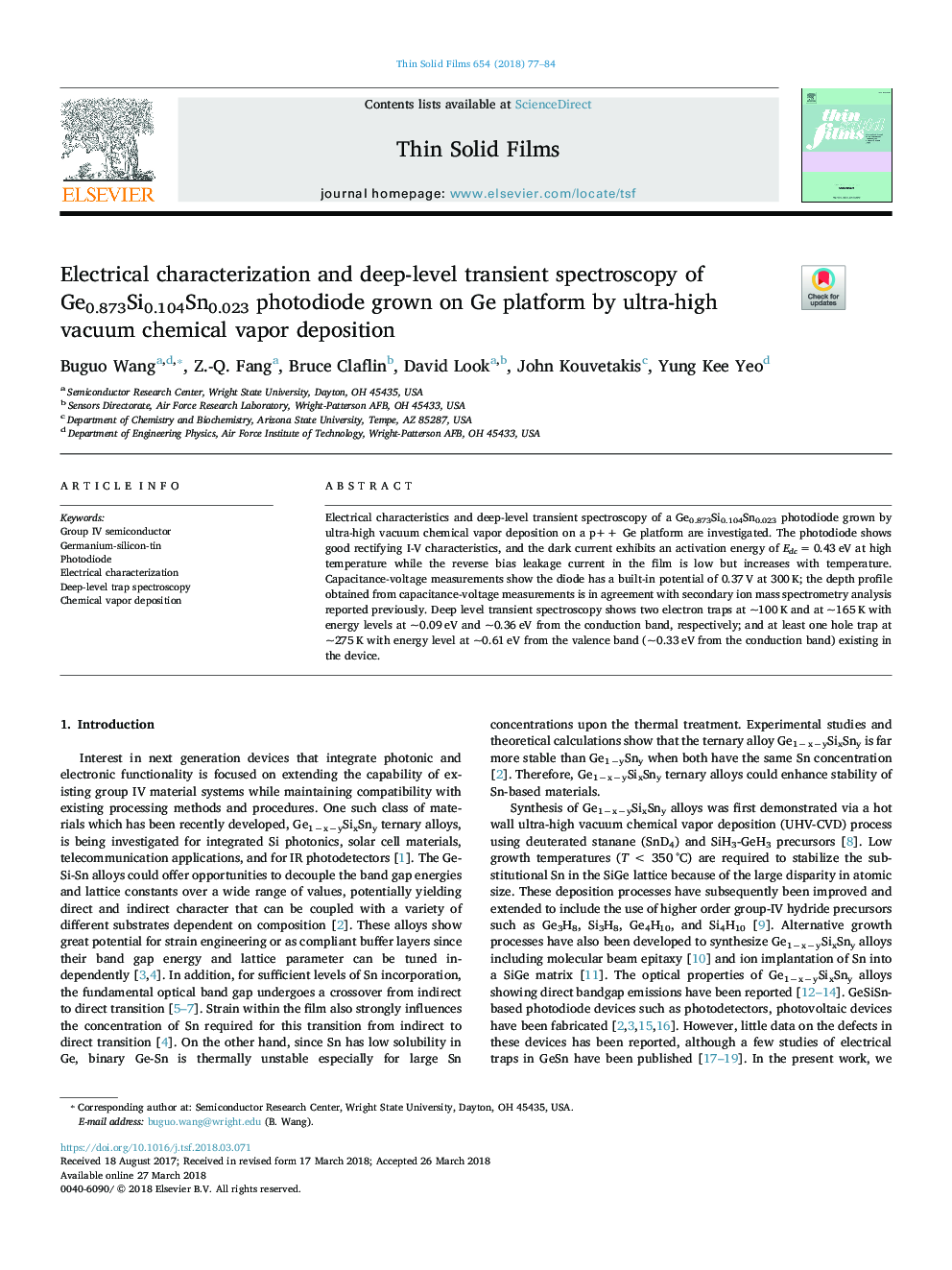 Electrical characterization and deep-level transient spectroscopy of Ge0.873Si0.104Sn0.023 photodiode grown on Ge platform by ultra-high vacuum chemical vapor deposition