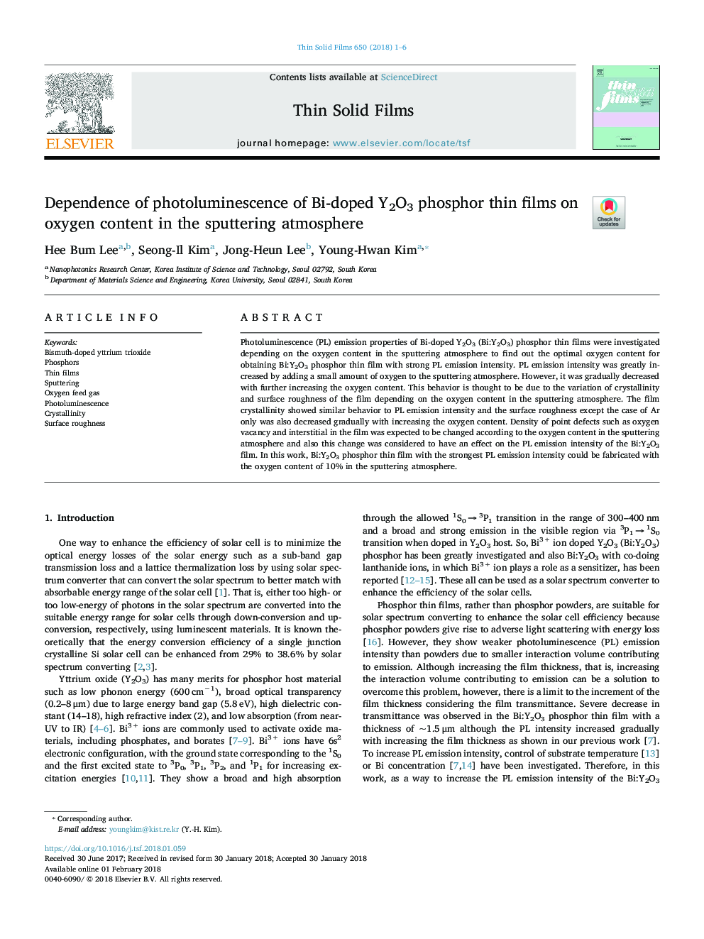 Dependence of photoluminescence of Bi-doped Y2O3 phosphor thin films on oxygen content in the sputtering atmosphere