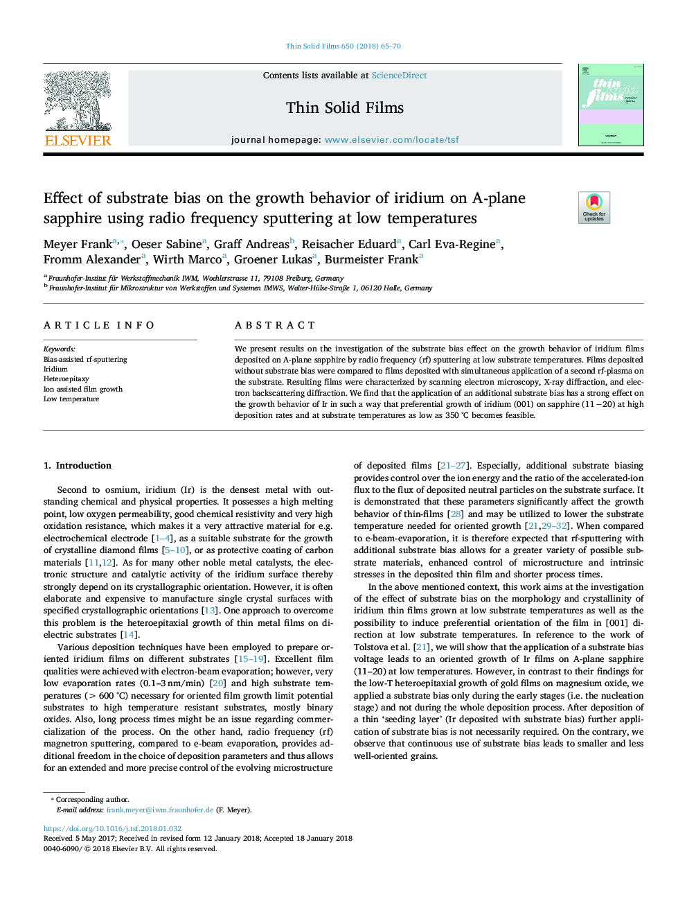 Effect of substrate bias on the growth behavior of iridium on A-plane sapphire using radio frequency sputtering at low temperatures