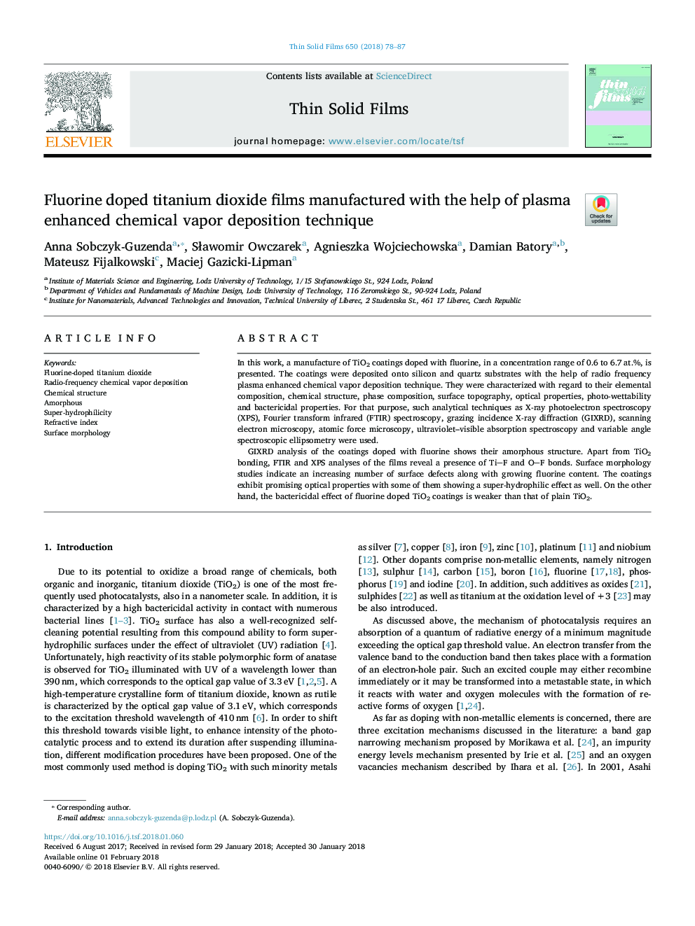 Fluorine doped titanium dioxide films manufactured with the help of plasma enhanced chemical vapor deposition technique