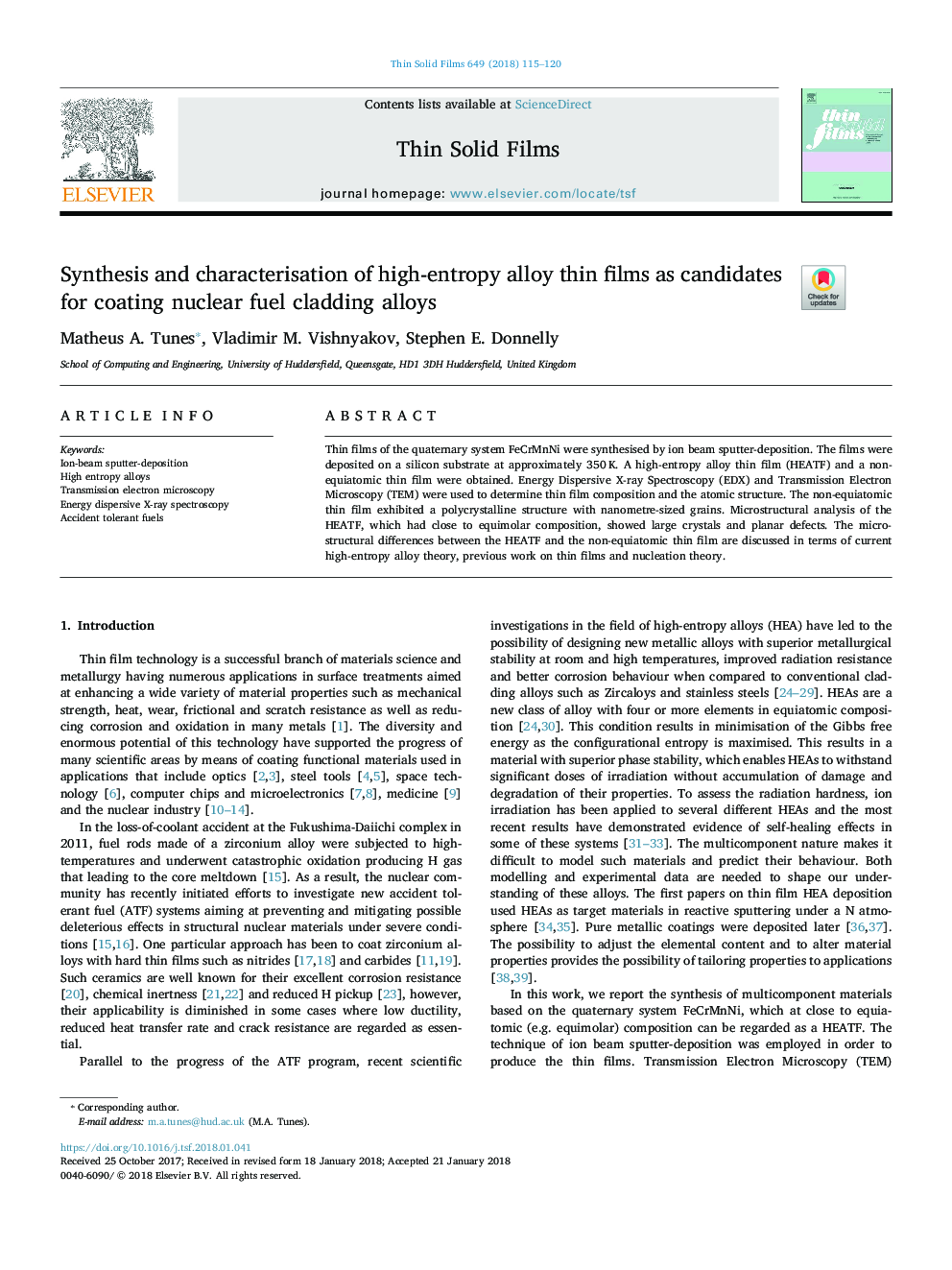 Synthesis and characterisation of high-entropy alloy thin films as candidates for coating nuclear fuel cladding alloys